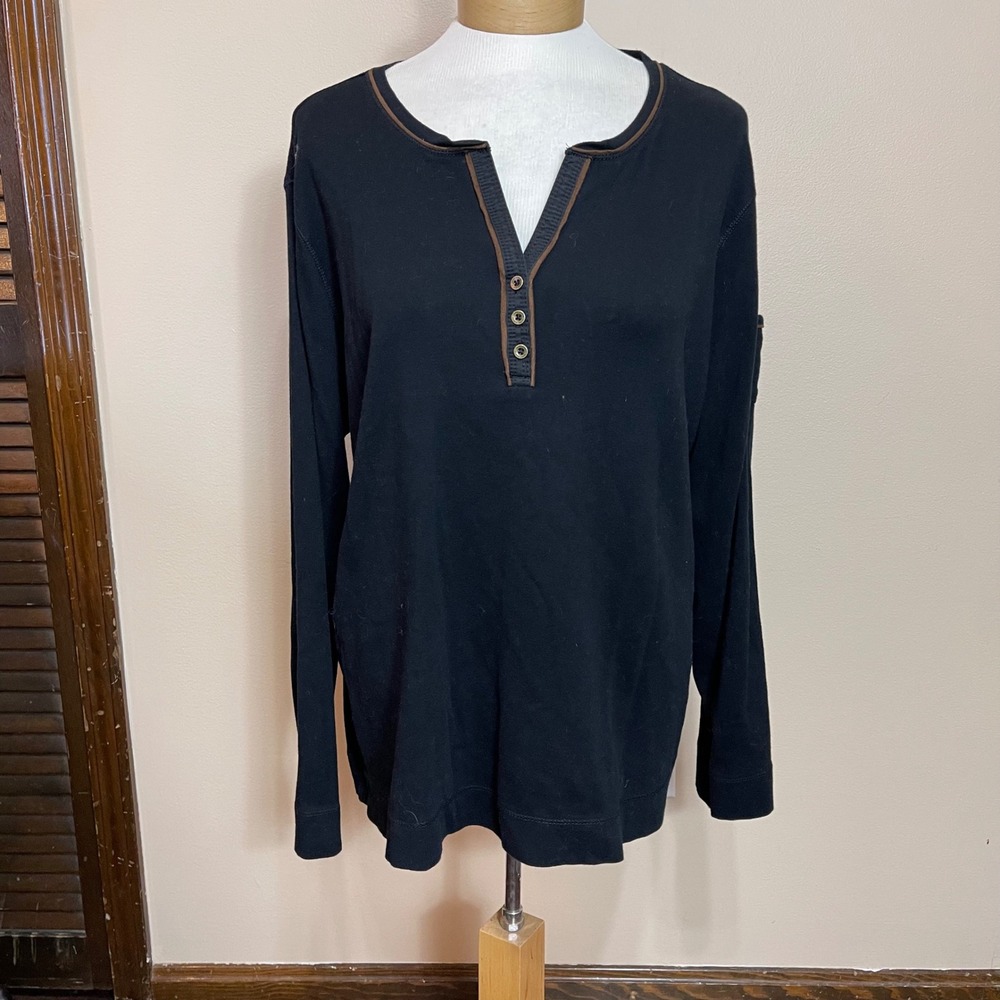 Lauren Jeans Co Ralph Lauren Womens‎ 2X Black Brown Cotton Henley Long Sleeve